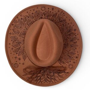 Brown Custom Wood Burned Tree Of Life Wide Brim Hat